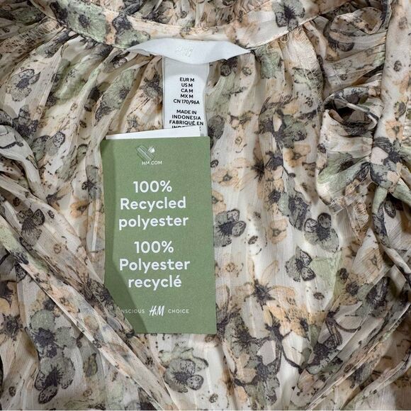 NWT H&M Size M Tie Detail Floral Long Sleeve Ruffle V-Neck Blouse with Smocking - Picture 8 of 15